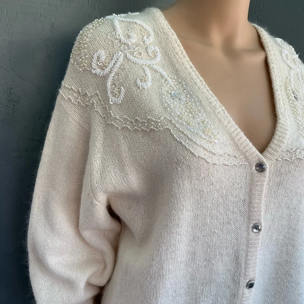 Vintage Robinson Silk Rabbit Hair Lambswool Angora Embellish Cardigan Size 2X